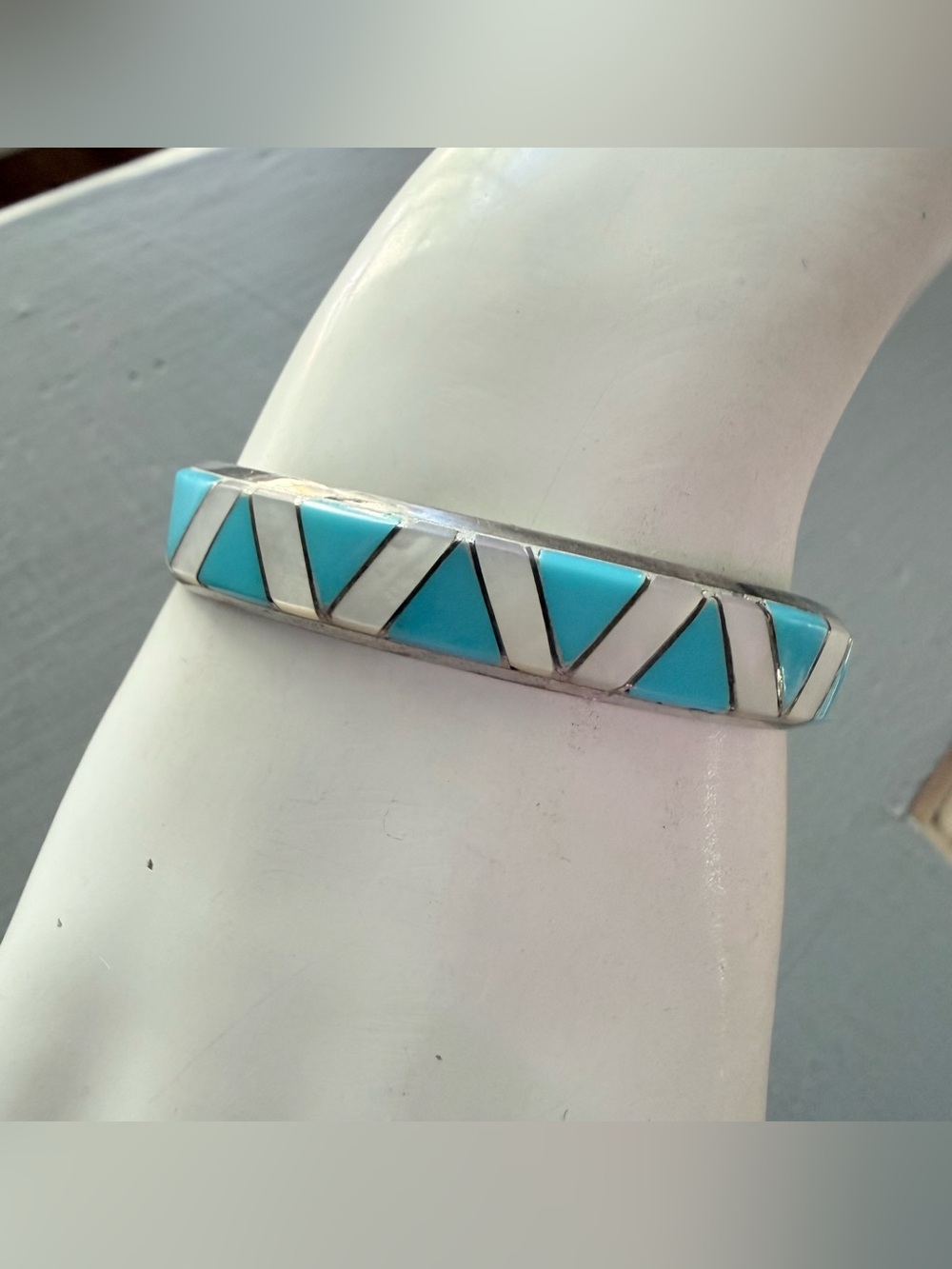 Native 925 Sterling Silver Turquoise Mother of Pearl Inlay Cuff Bracelet